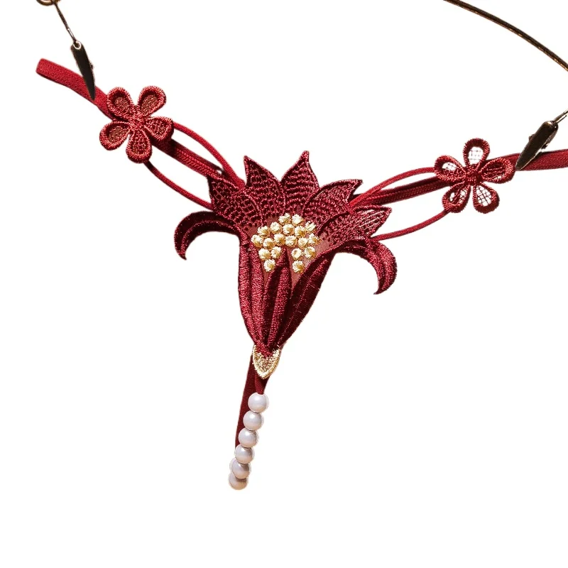 

Женское эротическое нижнее белье Midnight Passion, сексуальные горячие полые жемчужные стринги с низкой талией, соблазнительные стринги с цветком и веревкой