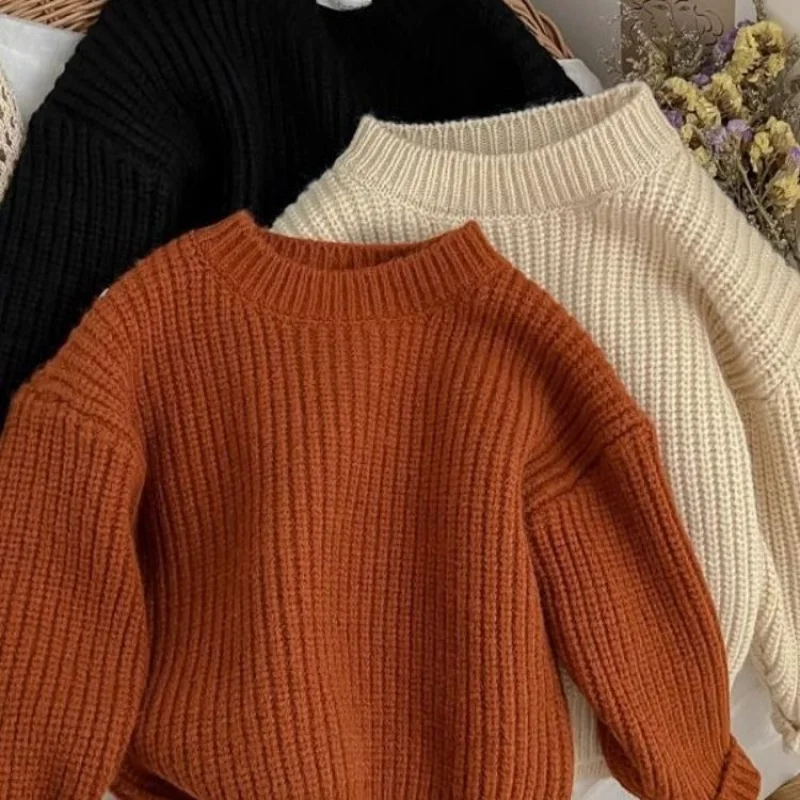 

Baby Kids Wool Knitted Sweater for Girls Boys Warm Clothing Children's Solid Color Thickened Round Neck Tops Pullover