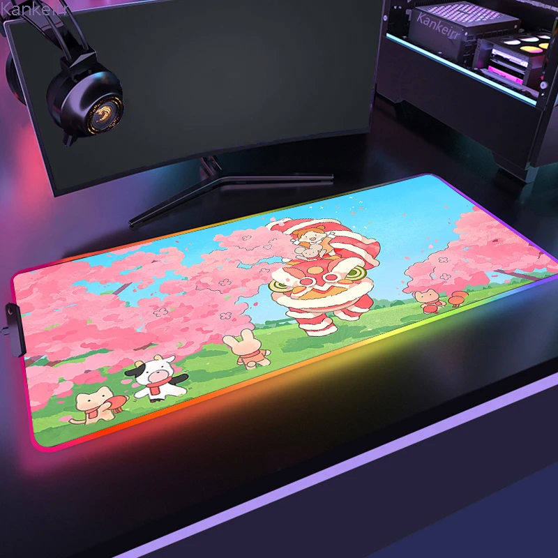 RGB Cute Rabbit Computer Mouse Pad Big Pumpkin Gamer LED Mousepad Backlit Oil Painting Desk Mat Gaming Accessories Keyboard Pad