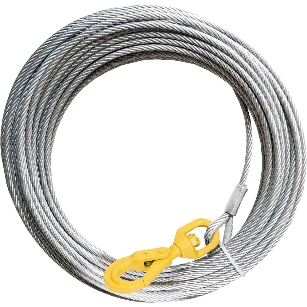 

75-футовый трос для лебедки с диаметром 3/8 дюйма, с предохранительным замком и поворотным крюком, прочность на разрыв 14 400 фунтов.