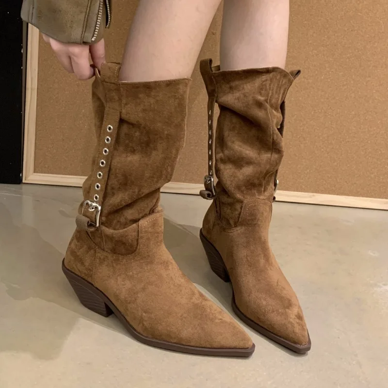 

Suede Women Boots High Heels Shoes Pointed Toe Chunky Snow Boots Designer 2025 Winter New Gladiator Western Botas Mujer Zapatos