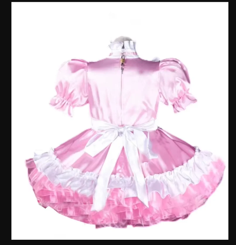

Adult Giant Baby Sexy Girl White Satin Dress Pink Apron Sissy Crossdressing Role Play Makeup Ball Maid Multiple Lockable Options