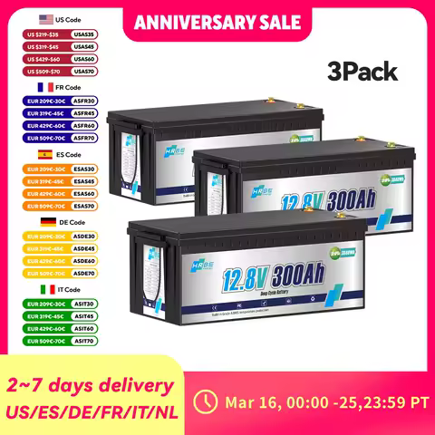 12V 300Ah LiFePO4 Battery,200A BMS Rechargeable Lithium Battery 3840Wh High Energy Density,for Off-Grid,Solar, Motorhome 3 PACK