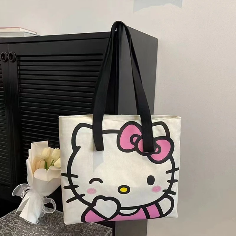 Kawaii Hello Kitty Canvas Bag Anime Sanrio Cute Student Outdoor Cosmetics Cartoon Handbag Book Storage Bag Toys Girls Gifts