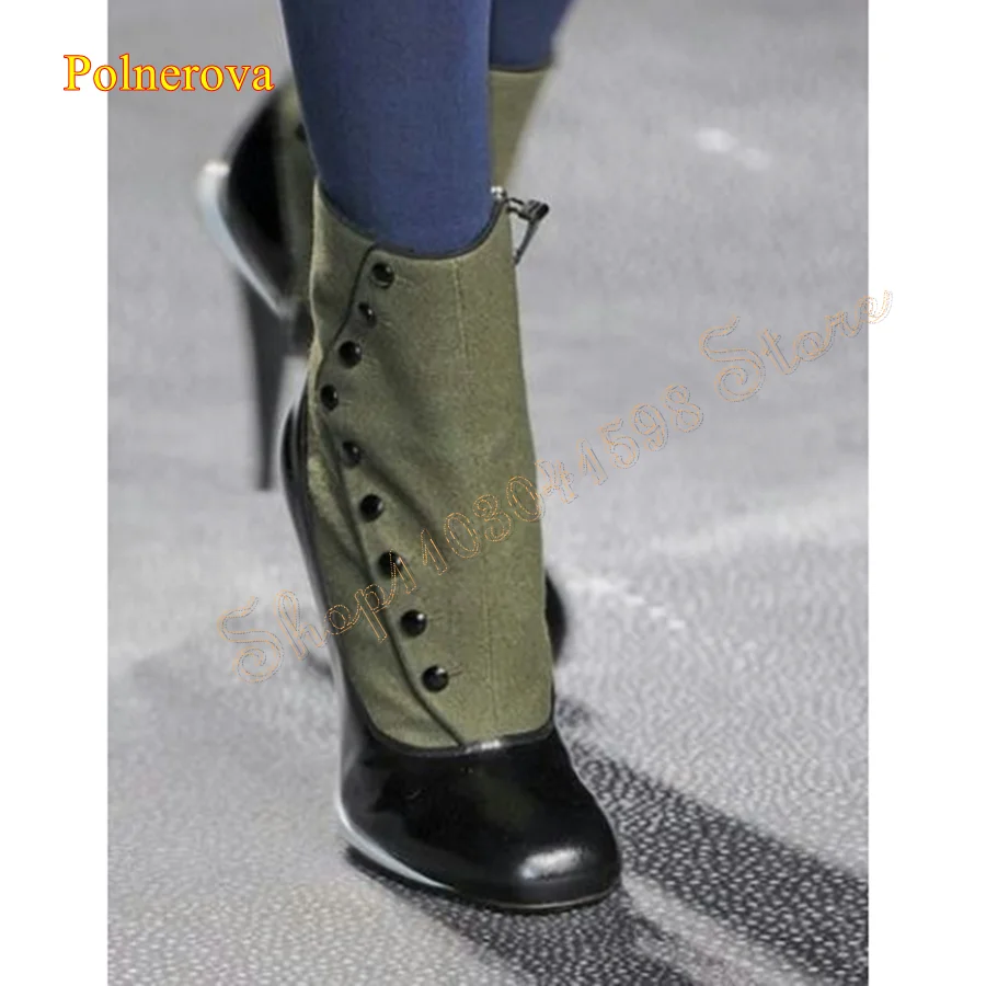 Round Toe Patent Leather Ankle Boots,Canvas Buckle High Heel Boots Stiletto Women Boots Plus Size 2024 New Zapatos Para Mujere