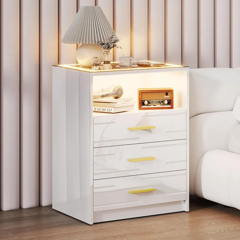 Mesita de noche LED con estación de carga, mesita de noche de alto brillo con 3 cajones, mesita de noche inteligente moderna con luz regulable de 3 colores