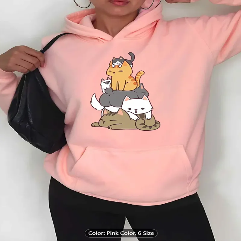 

Womens Pink Hoodie Cute Stacked Cats Graphic Print Casual Oversized Drawstring Hooded Sweatshirt for Cat Lovers Machine Washable