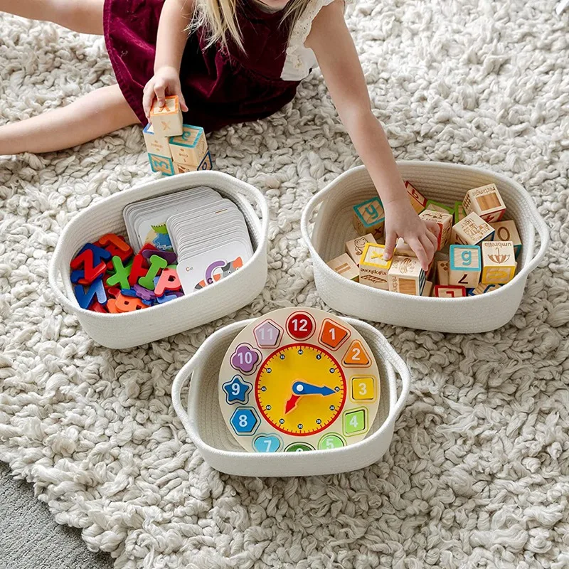 5-Piece Rectangle Storage Basket Set Cotton Rope Woven Baskets For Organizing ,Baby Nursery, Dog Toy Baskets