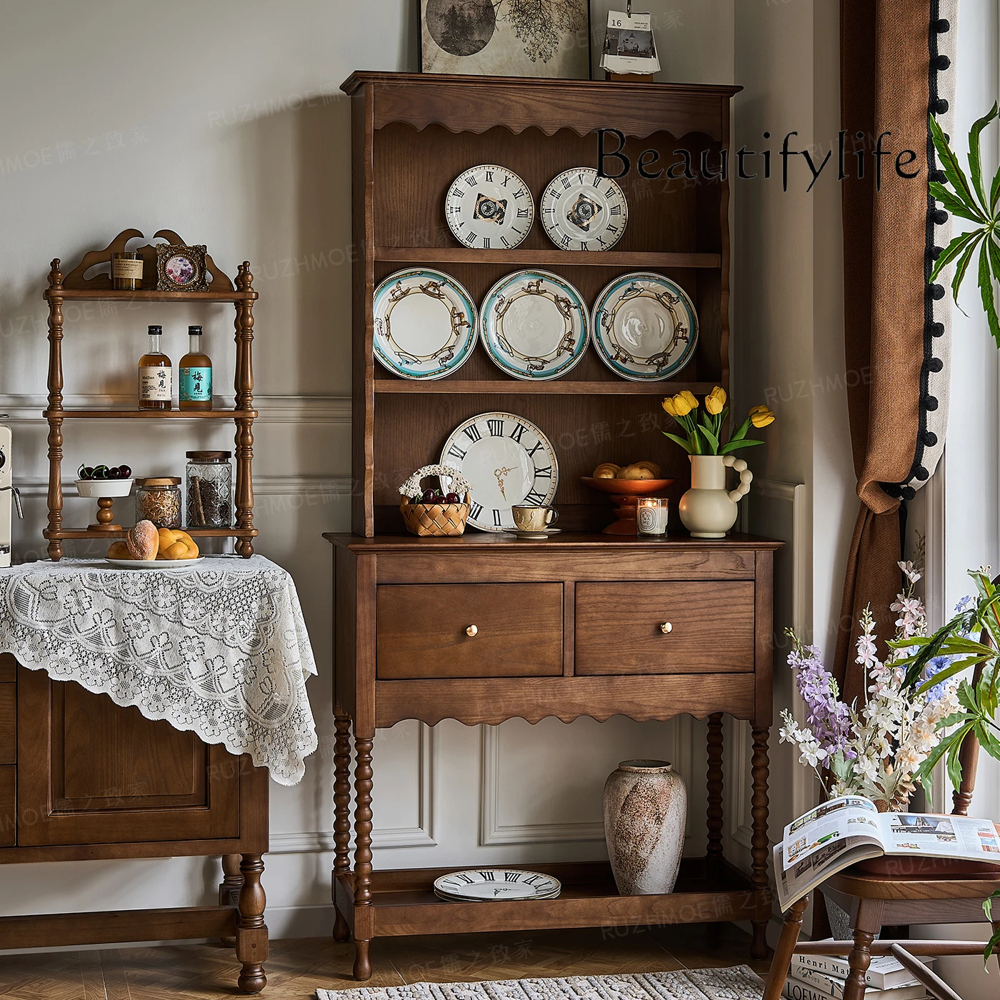 

American retro tableware cabinet solid wood dining side coffee cup shelf medieval display restaurant wall ceramic cabinet