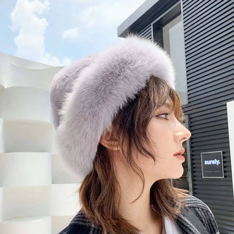 

Ladies Luxury Rex Rabbit Fur Thermal Hat Fox Fur Brim Decorated Stylish Basin Hat Winter High Quality Cute Style Fur Hat