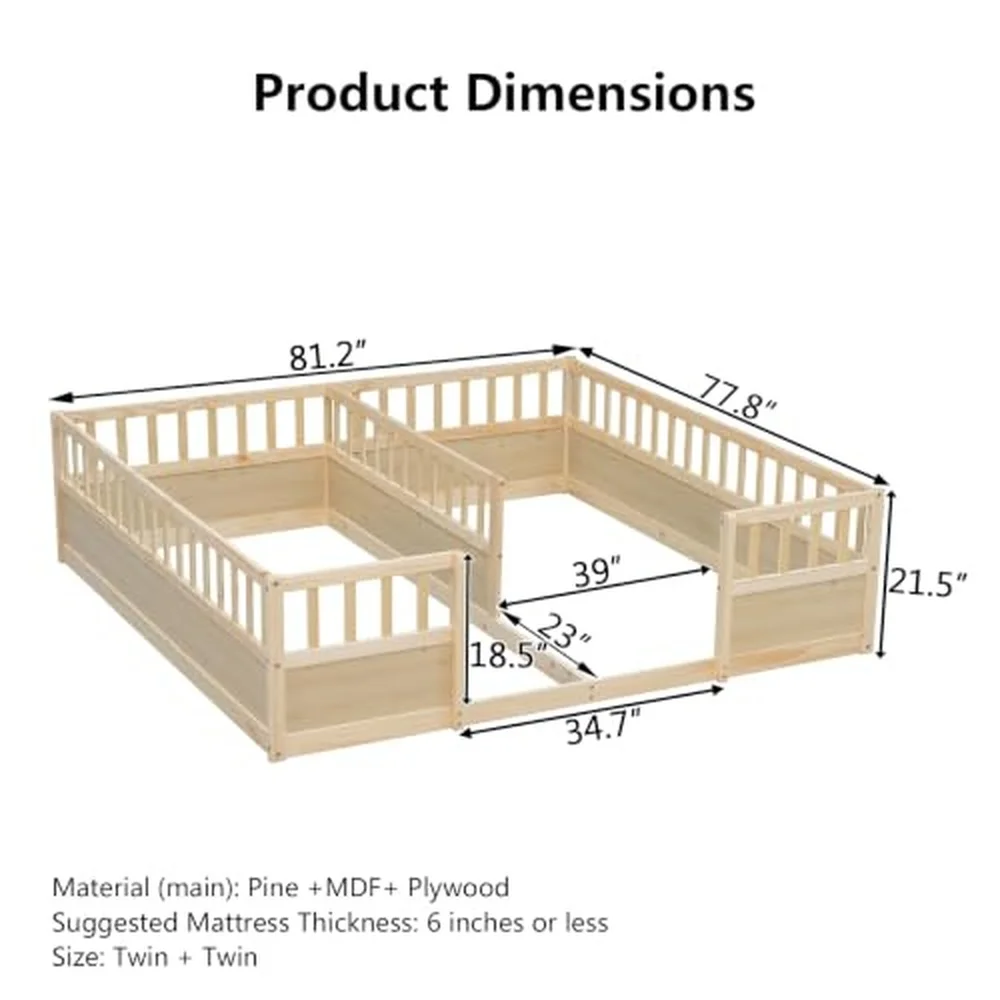 Twin Size Double Montessori Floor Bed with Guardrails for Kids 2 in 1 Pine Wood Low Profile Platform Bed with Semi