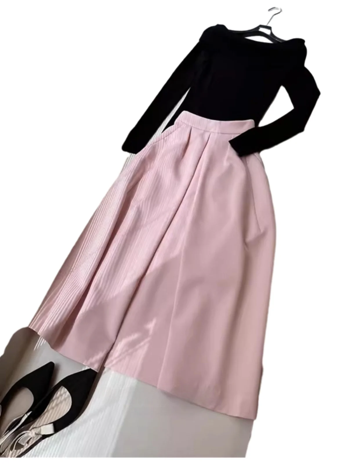 Gonna longuette a trapezio a vita alta rosa Ele Gonna ombrello dimagrante con sensazione di fascia alta da donna delicata primavera autunno