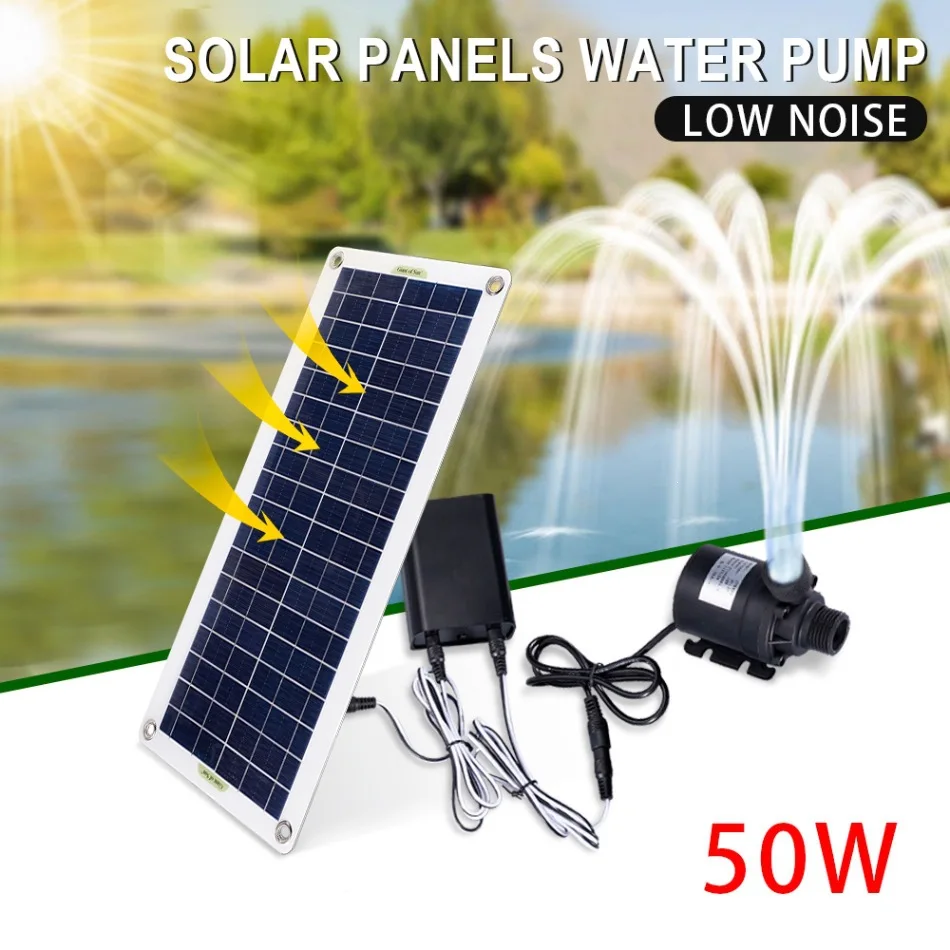 50W Solar Power Water Pump Set Low-noise DC Brushless Motor Submersible Water Pump Fish Pond Garden Fountain Aquarium Accessory