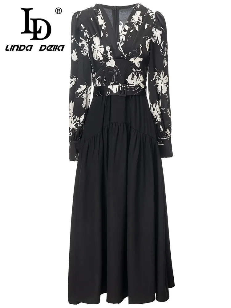 

LD LINDA DELLA Autumn New Style Dress party night Women's Black V-Neck Print Splice Elastic Waist Draped Slim Fit Dress