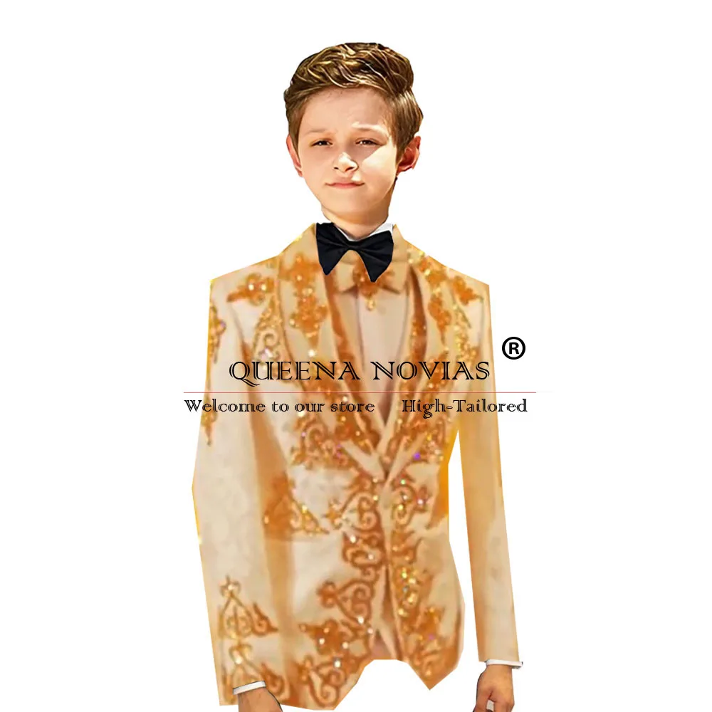 Exquisite Boys' Attire Formal Wedding Tuxedos Gold Crystals Beaded Kids Formal Occasion Dresses 3Pc Customized traje formal niño