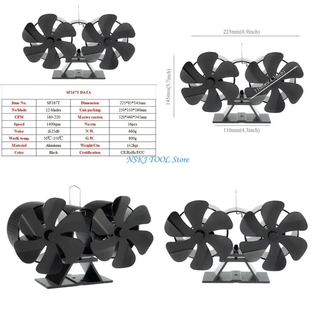 L8RC مروحة حرارة تعمل بالحرارة الكبيرة حجم الهواء 12 شفرة الموقد مروحة مزدوجة المحركات توزيع الحرارة السريعة غير الكهرباء