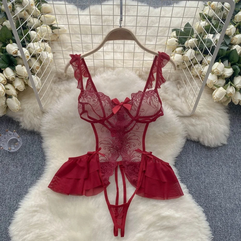 Transparent Lace Ruffle Strap Playsuit One Piece Backless Open Crotch Slim Fit Sexy Women's Pajamas Lingerie Bow New Mini Skirt