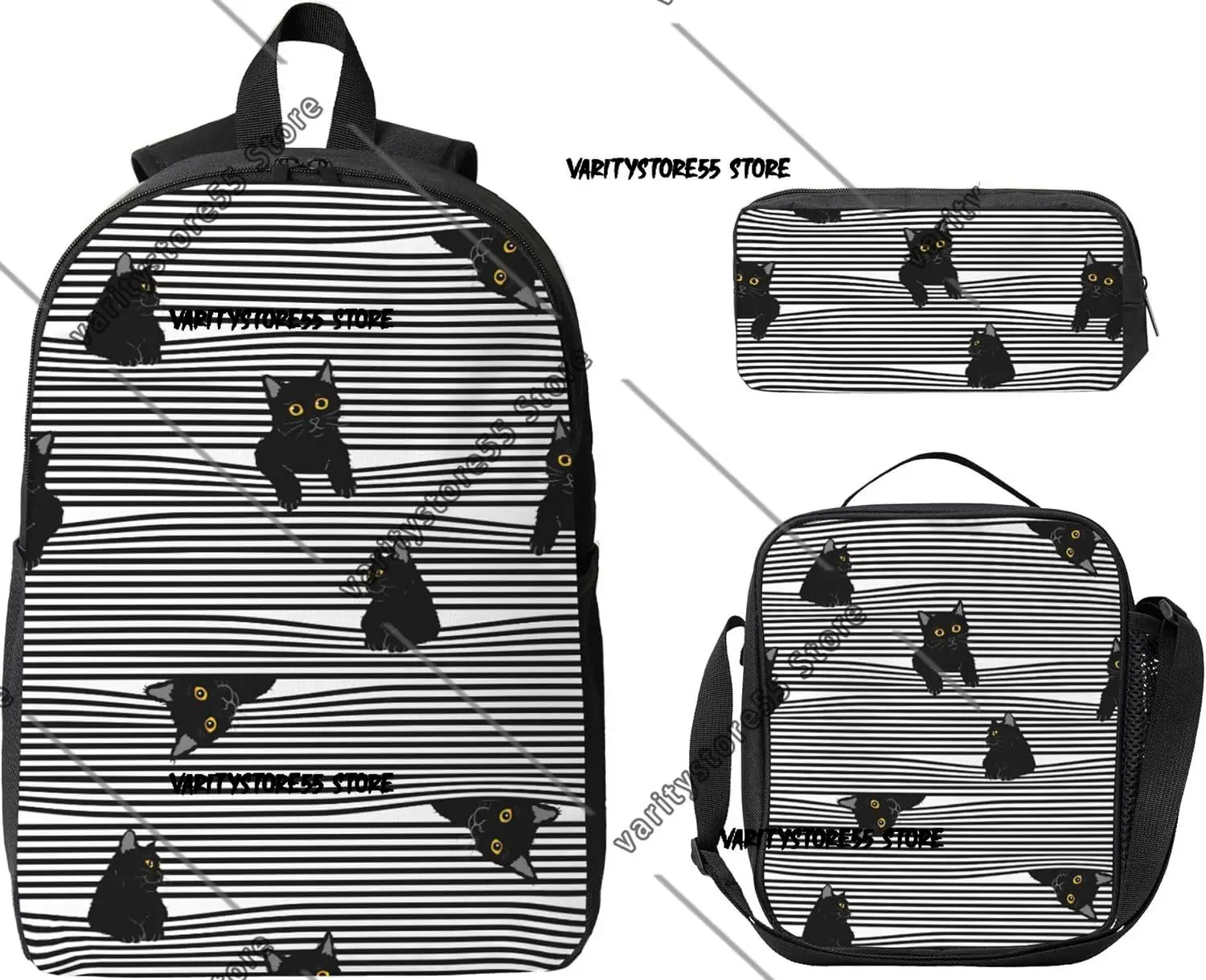 Cute Cat School Backpack Kids Girls Boys Teens 3PCS Bookbag with Lunch Box Pencil Case Set Lightweight Bag