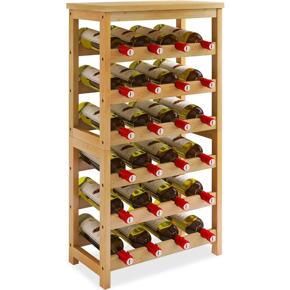 Estante para vino de 24 niveles con tapa de mesa, estante para vino de madera de bambú de 6 niveles, estantes para vino apilables, independiente para despensa de cocina, natural