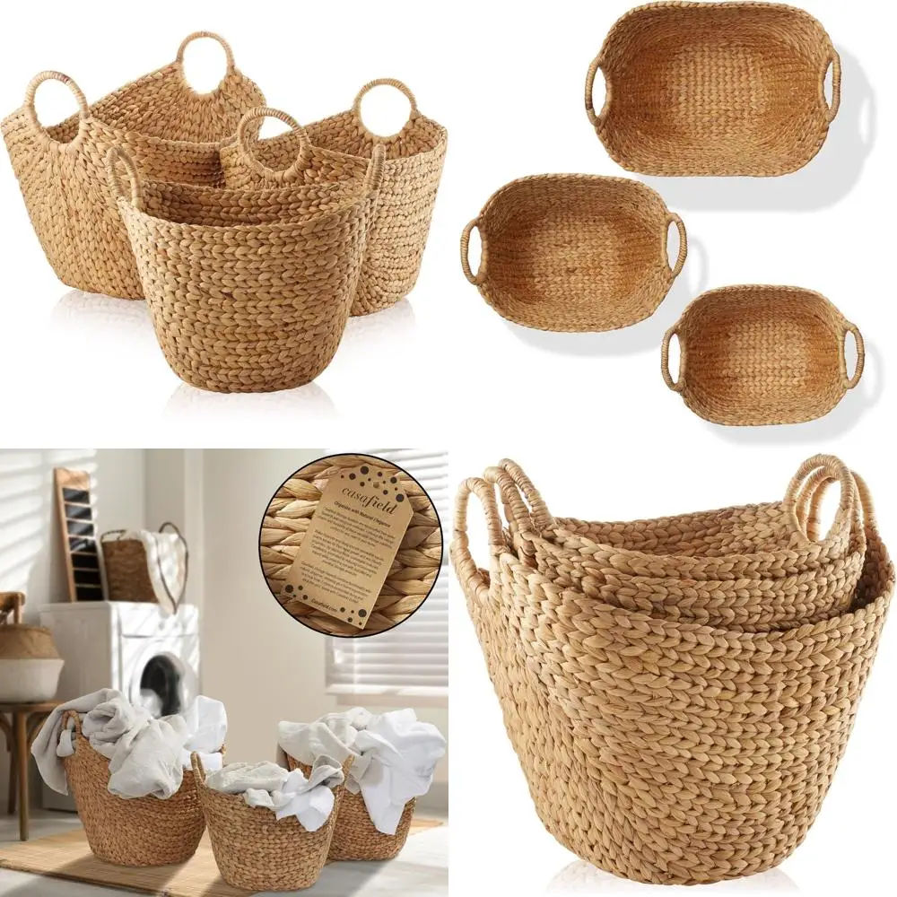 

3-Piece Natural Woven Water Hyacinth Boat Basket Set with Handles for Storage and Organization