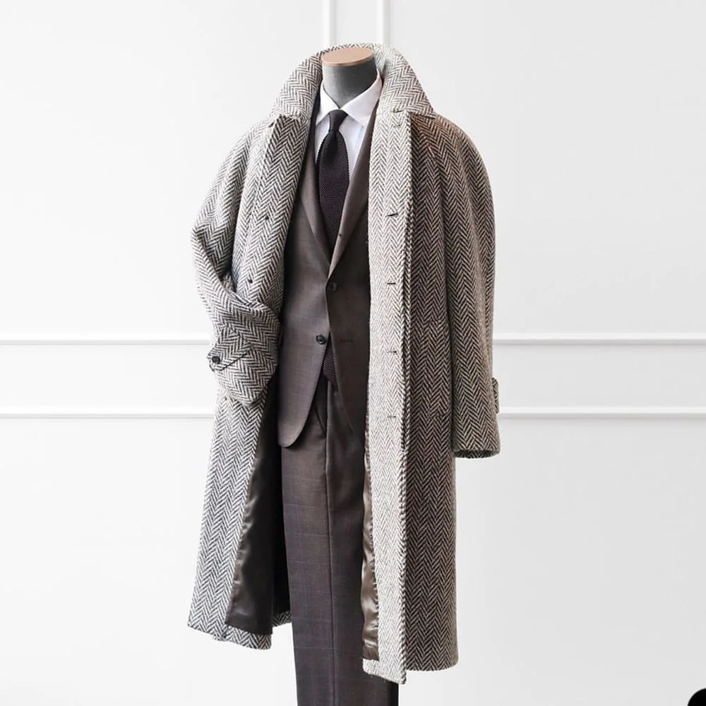 England Style Herringbone Overcoat Men's Tweed Thick Trench Coat With Belt Plus Size Formal Casual Wear Winter Warm Jacket