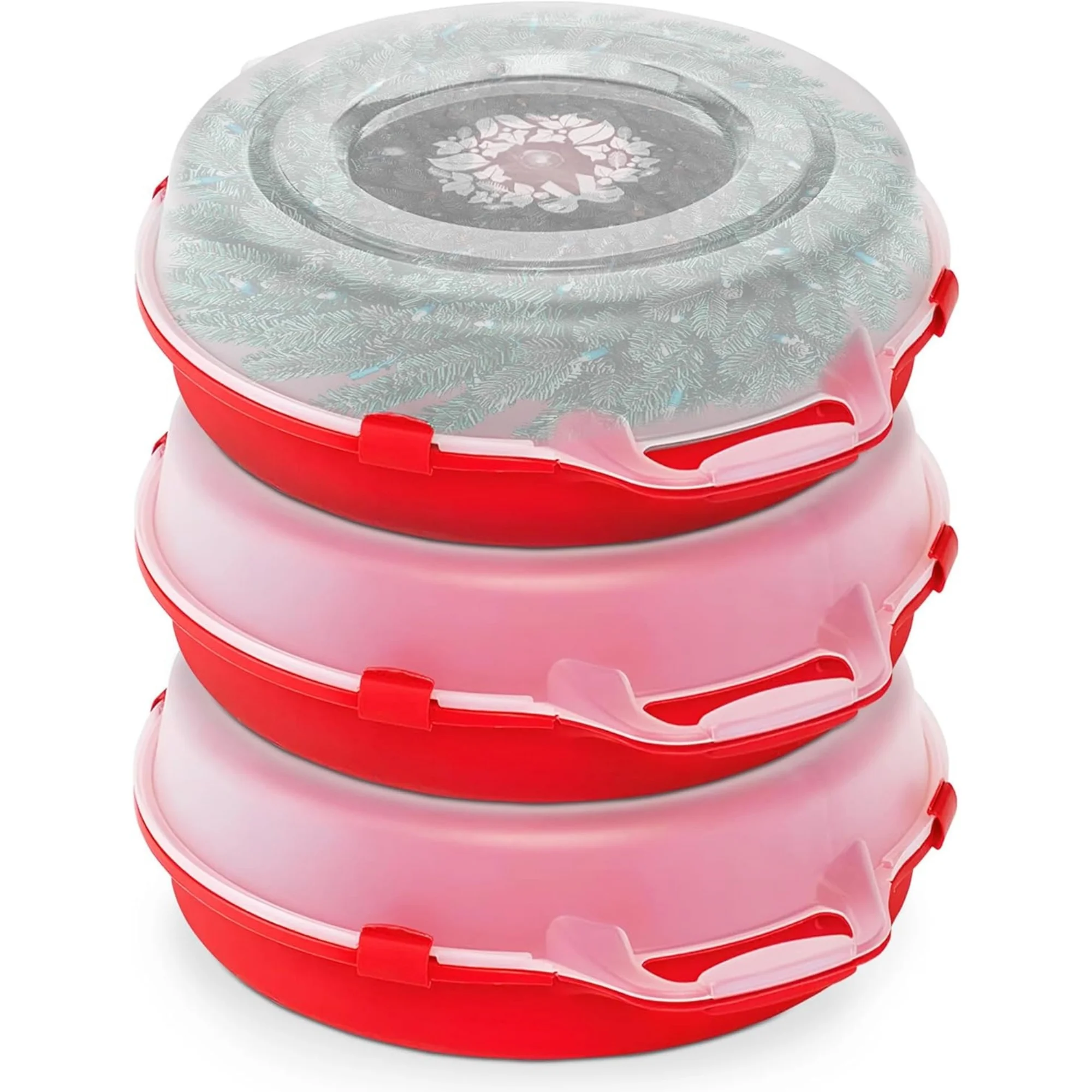 3-Pack 24 Inch Seasonal Holiday Clear Plastic Wreath Storage Containers, Red – Stackable Decoration Organizer Bins with Lids and Handles for Christmas Wreaths and Garlands