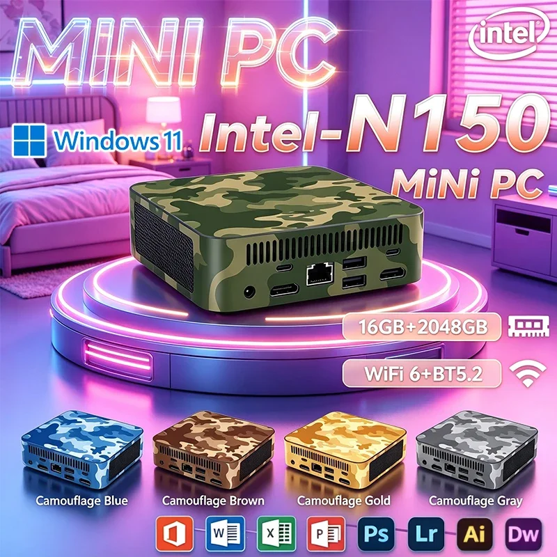 2026 Intel N150 Mini PC Portable Computer 8GB 16GB RAM 1TB 2TB SSD Gaming PC HD Wifi 6 BT5.2 Office Desktop Work PC
