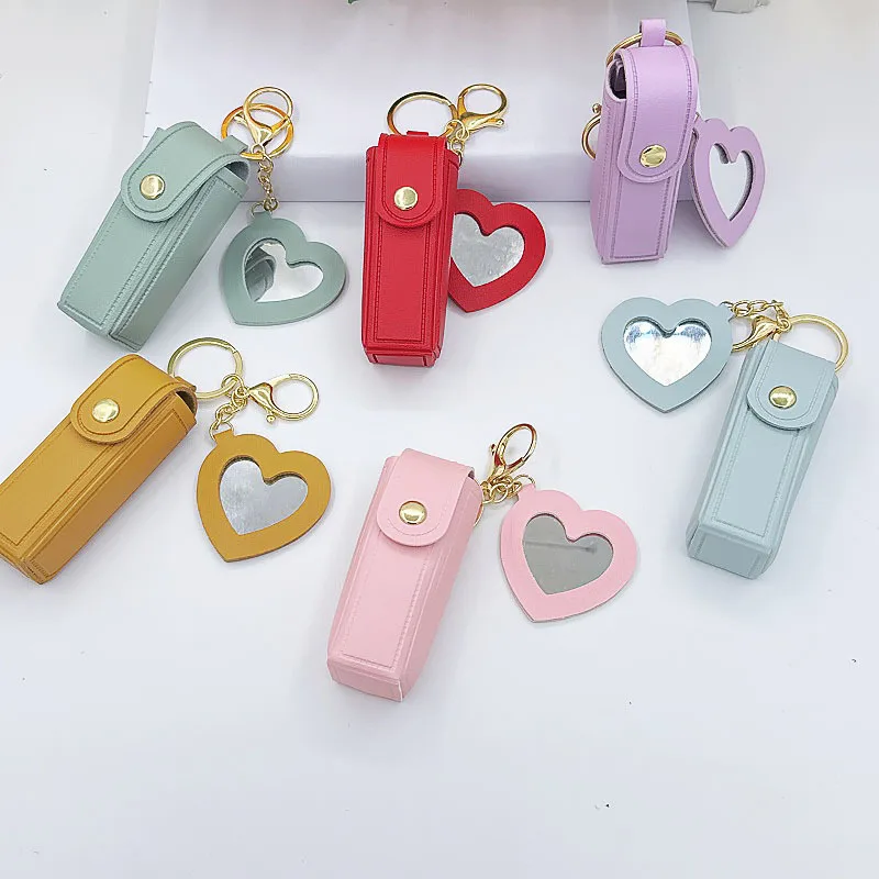 Fashion Leather Keychain with Mirror, Trendy Mini Pouch
