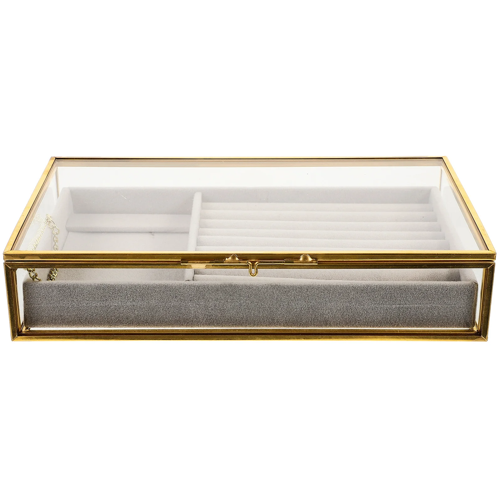 

Jewelry Tray Glass Storage Box Premium Transparent Golden Frame Decorative Jewelry Organizer Ring Necklace Display Gift Case