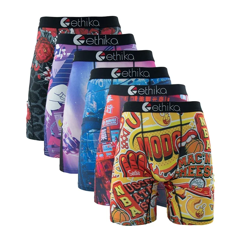 6Pcs ETHIKA Sexy Printed Men Underwear Boxer Hot Shorts Underpants Breathable Man Panties Lingeries Boxer Briefs XXXL Plus Size