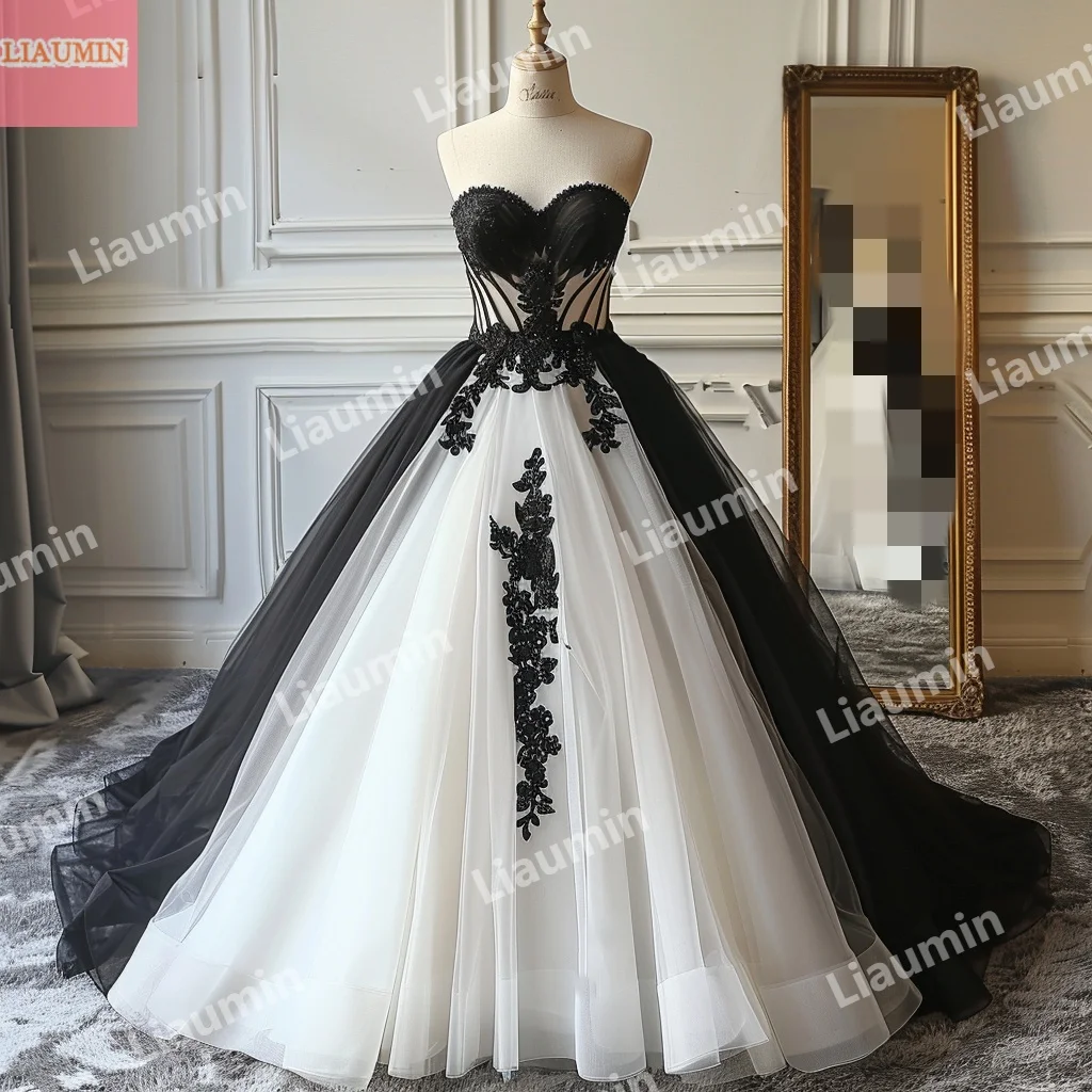 Classic Sexy White Tulle Black Lace Applique Strapless Wedding Dresses Bridal Ball Gowns Floor Length Hand Made Custom W15-49.10