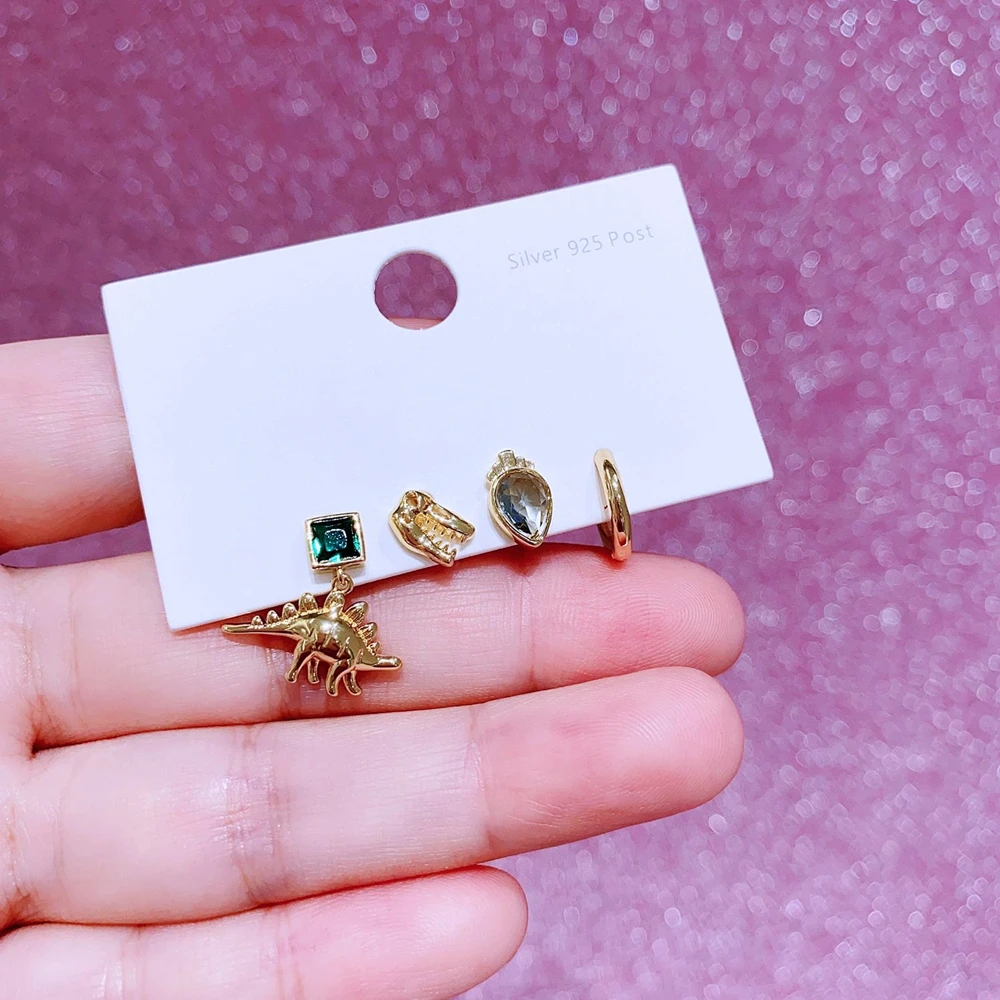 MIGGA 4pcs New Design Animals Dinosaur Stud Earrings Set for Women Gold Plated Crystal Party Jewelry