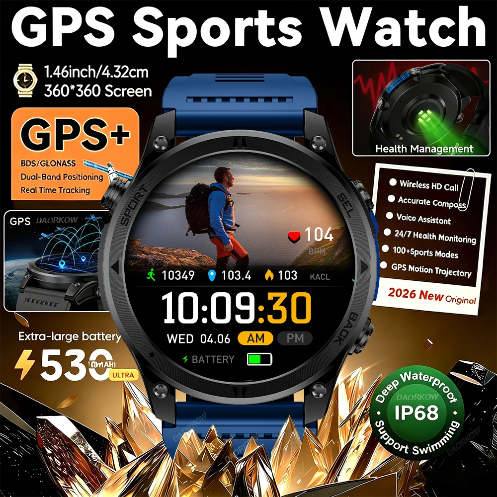 Gold Smartwatch with AMOLED Screen and Flashlight, Gift for Men