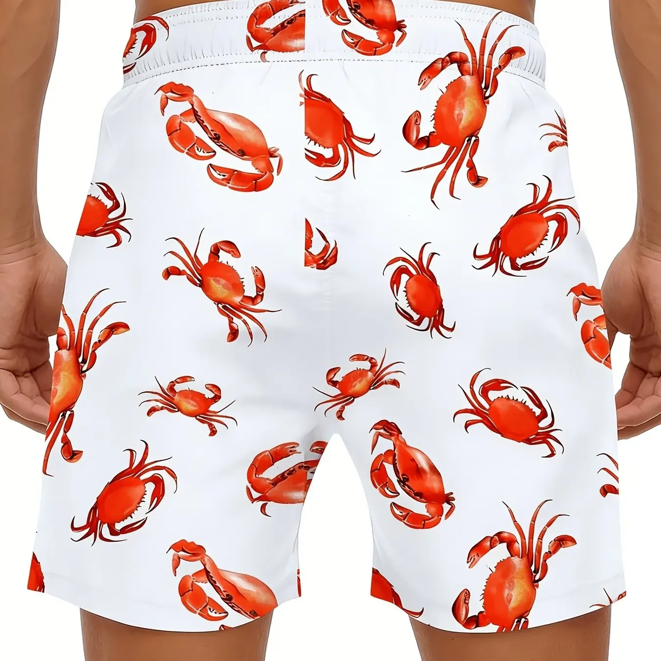 Men Hawaii White Red Crab Print Swim Shorts, Quick Dry Fabric, Elastic Waist Drawstring Side Pockets Loose Boardshorts