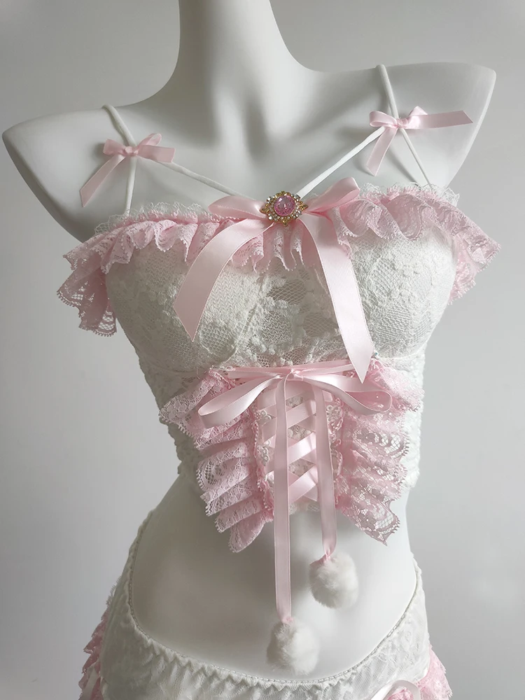 Cute Crop Top Women Summer Pink Lace Trim Bows Decoration Lace Up Sweet and Lovely Slim Tops for Lolita Girls Kawaii Clothes