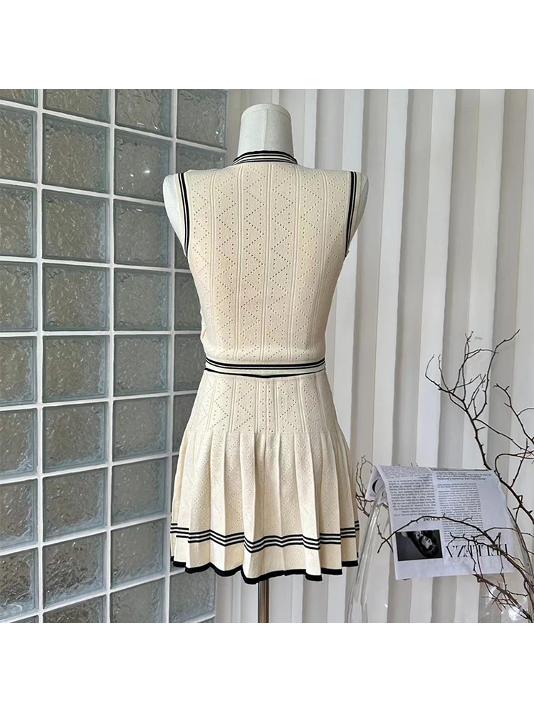 2023 Summer Women Vintage Beach Party Outfits 2 Piece Set Simple O-Nec Tank Top+Elastic Waist A-Line Mini Pleated Skirt Elegant