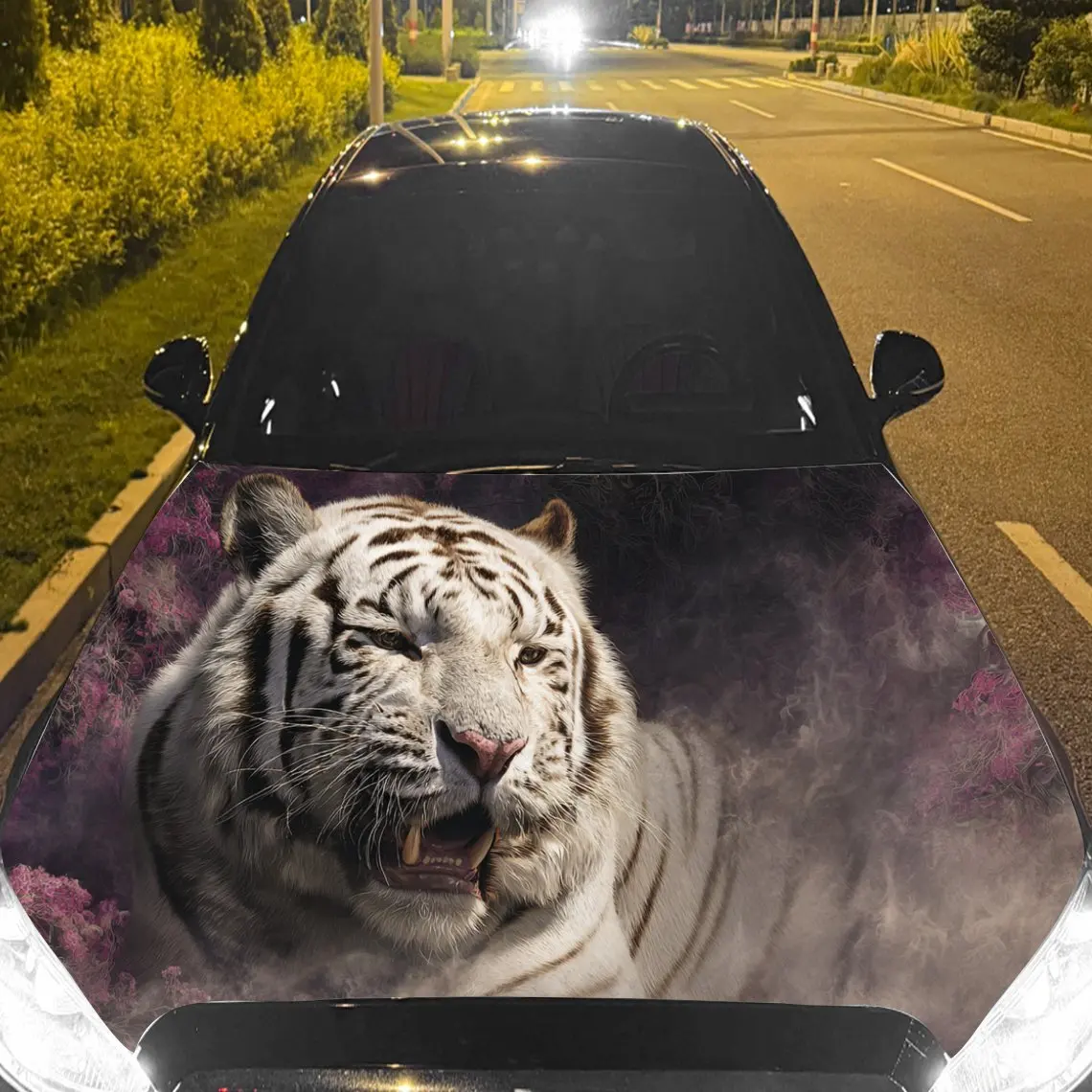 Car Decals A White Tiger Delivering Fierce Roar And Dramatic Atmosphere In A Dynamic, Smoke - Enveloped Composition Car Hood Sti