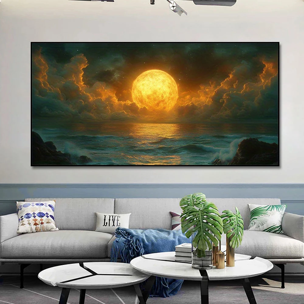 Large-sized frameless canvas paintings,Sunset Ocean Scenery Poster Prints Tidal Moonlight Ocean Landscape Art Canvas Painting Wa
