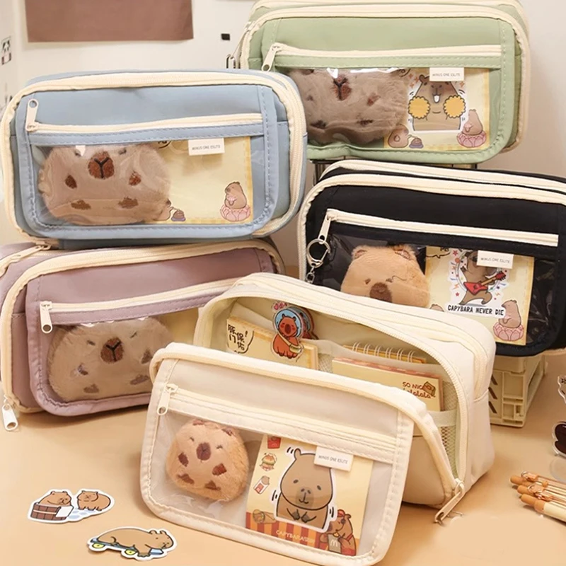 Large Capacity Pencil Bag Cute Capybara Stationery Holder Bag With Brooches Stickers Children Pen Case Animal Zipper Pouch