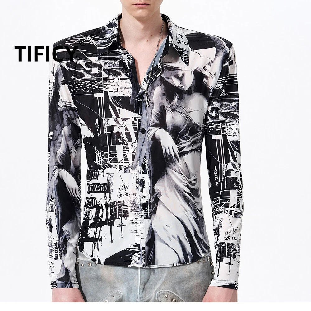 

High Street Character Printed Long Sleeved Shirt Men's Visual Original Retro Slim Mesh Fashion Streetwear Shirt Tops