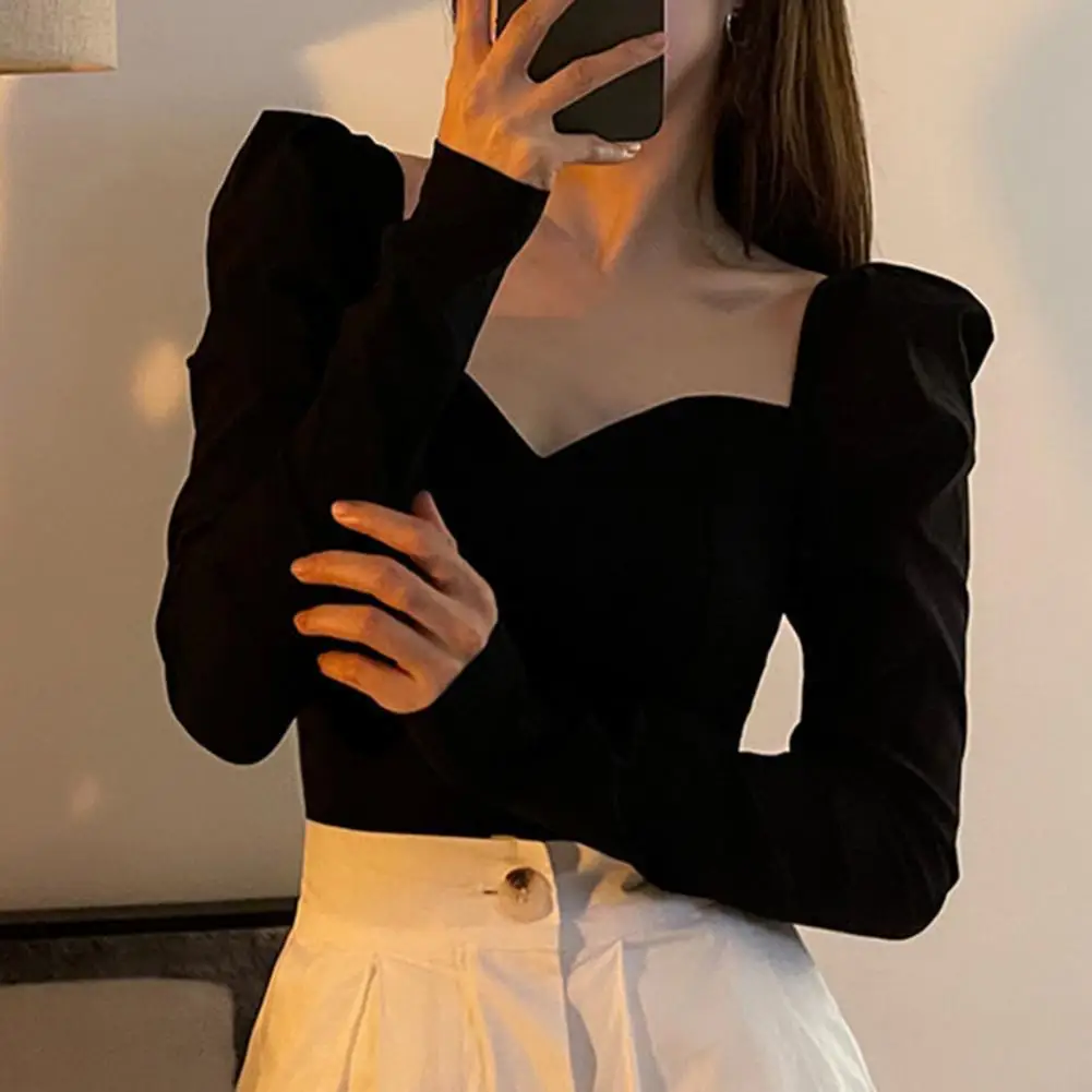 Square Collar Pleated Puff Long Sleeve Women Blouse Female Autumn Casual Skinny Cropped Top Streetwear V-neck Long Sleeve Shirt