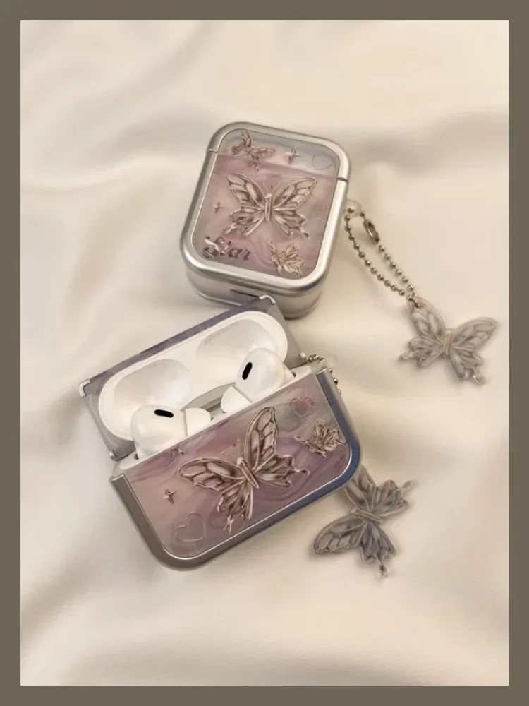 เคสผีเสื้อสีเงินหรูหราน้ำหนักเบาสำหรับ Airpods1/2/3 /pro เครื่องประดับแฟชั่นเคสหูฟังไร้สายพร้อมสร้อยข้อมือป้องกันการตกหล่น