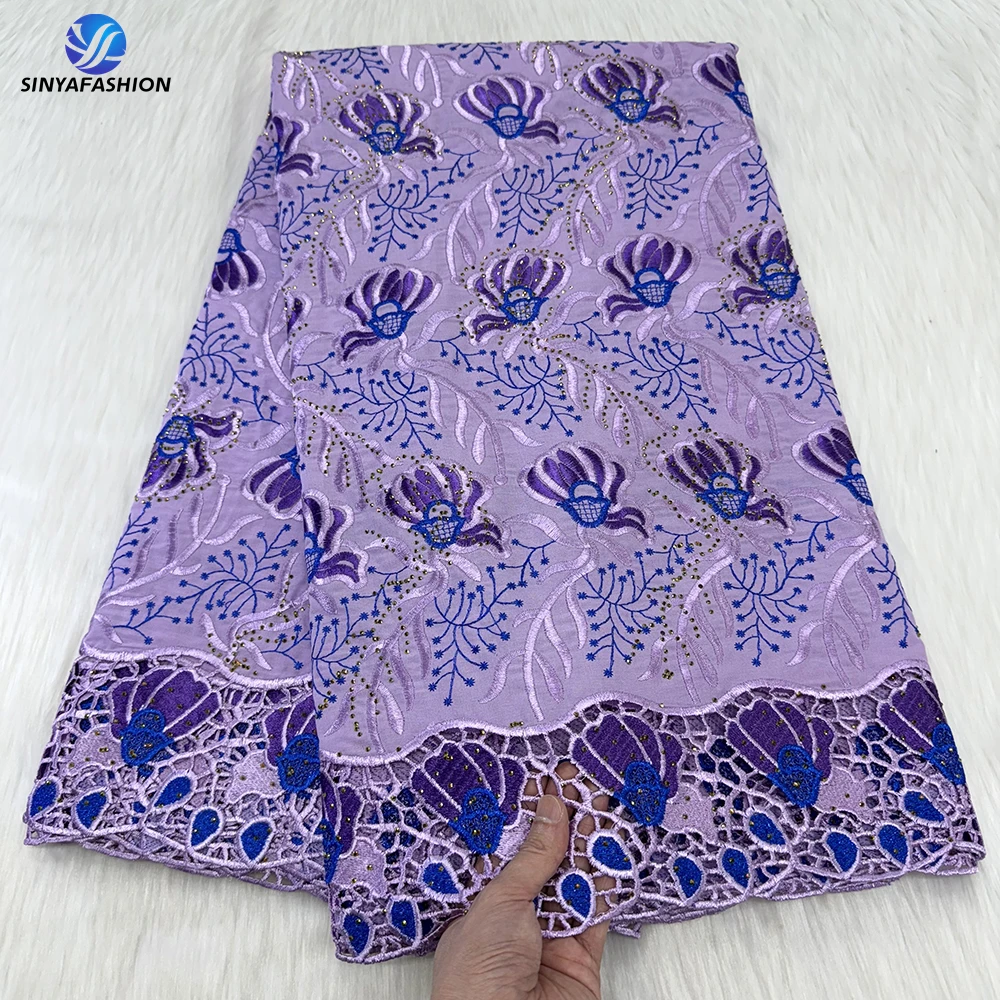 

Sinya Lilac Purple Swiss Lace Fabric High Quality 2024 Nigerian Guipure Cord Lace Embroidery Stones Cotton Voile Lace For Women