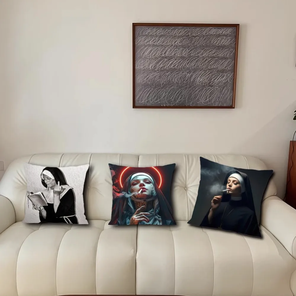 Smoking Nuns Art Aesthetic Pillow Case Living Room Accent Couch Back Support Square Lounge Restful Nap Companion ﻿