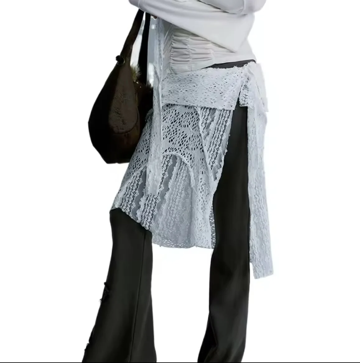 

Hollow Out Irregular Lace Skirts Chic Lace-up Design Stacked Layered Feeling Mesh Apron Vintage Women Y2k White Jacquard