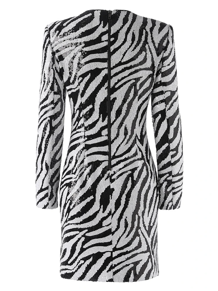 HIGH STREET Newest Fashion 2024 Designer Women\'s Round Neck Sparkling Zebra Print Dress