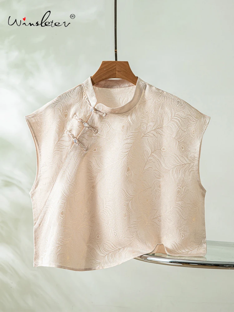 

Winsleter-100%Real Silk Elegant Shirt, Stand Jacquard, Women Retro Commute Thin Loose Cheongsam Blouse, 2026 Summer New T64068CC