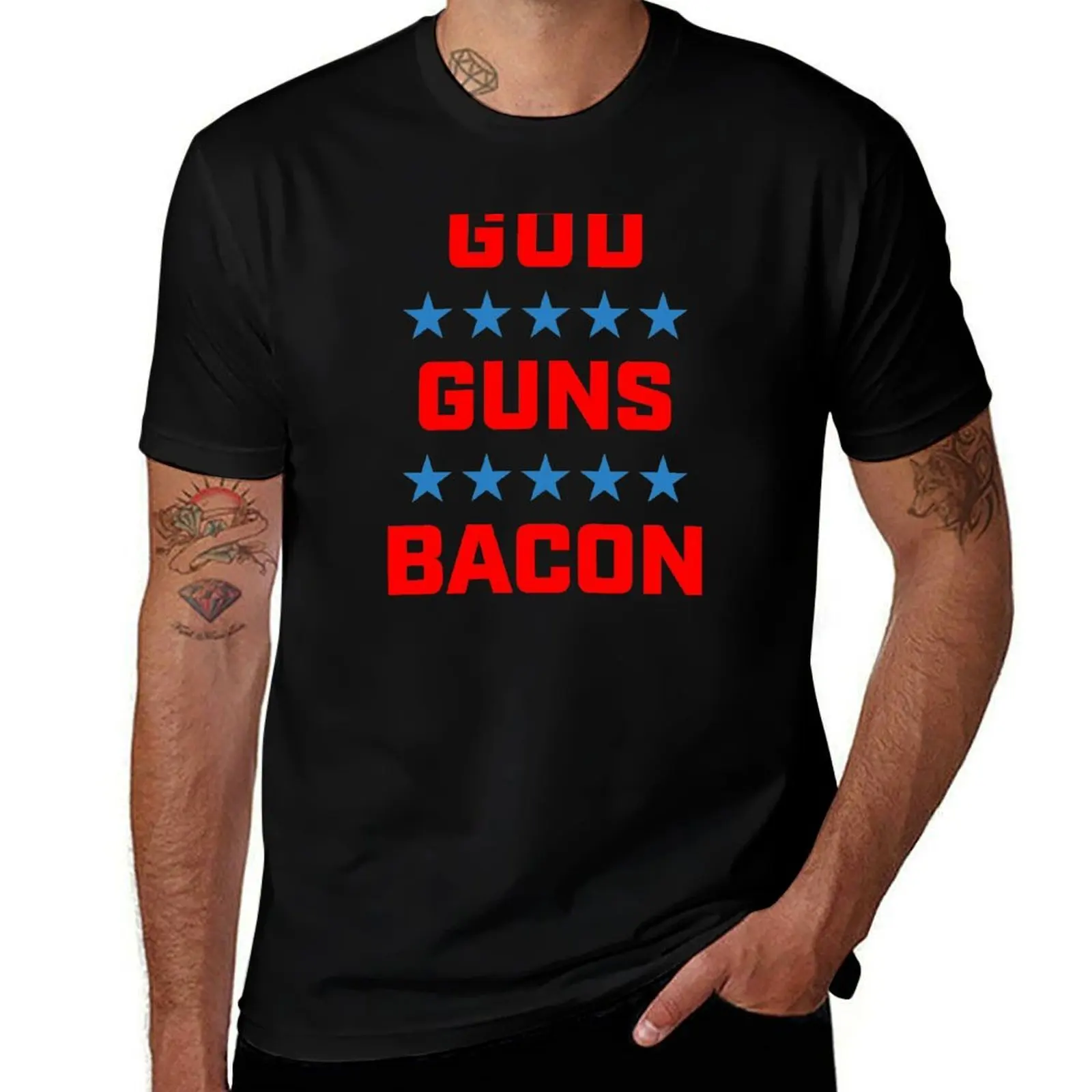 God Guns Bacon Patriotic American Pro America T-Shirt Festival Casual Short Sleeve