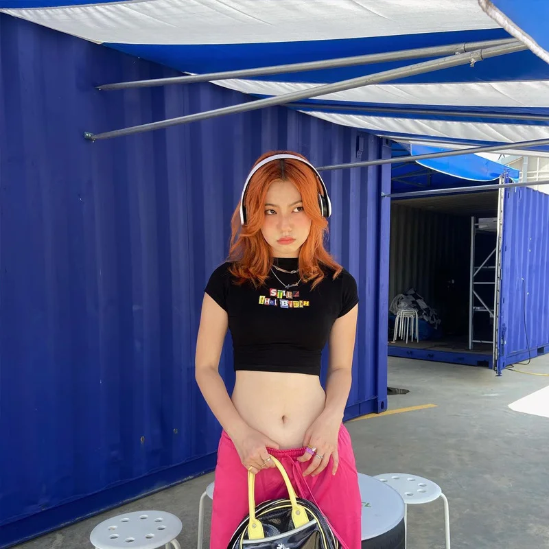 Letter Printed Women Crop Top Short Sleeve Skinny Sweatshirts 2023 Summer Fitness Basic Top Y2K Clothing Harajuku Gothic T Shirt