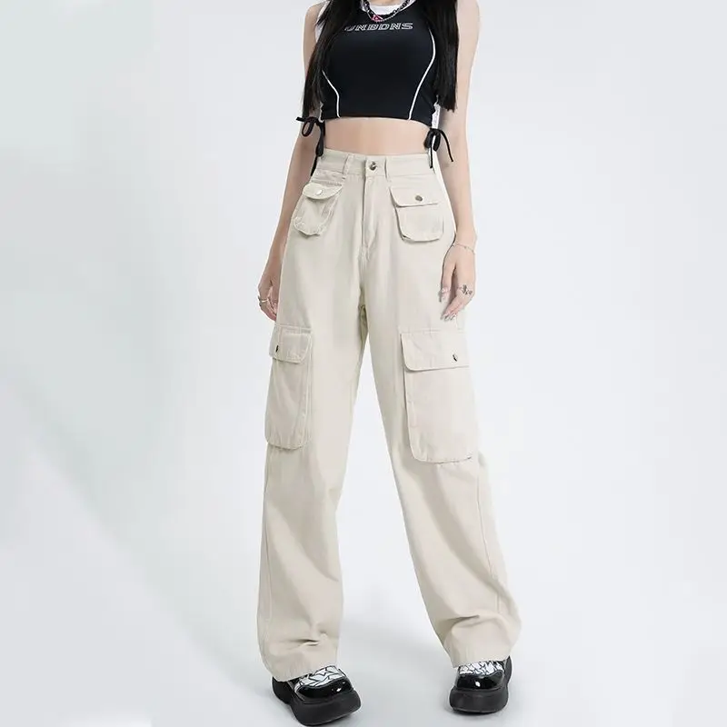 

Safari Style Hip Hop Sporty Women's Autumn High Waist Retro Loose Straight Drawstring Slim Wide Leg Casual Pants Streetwear